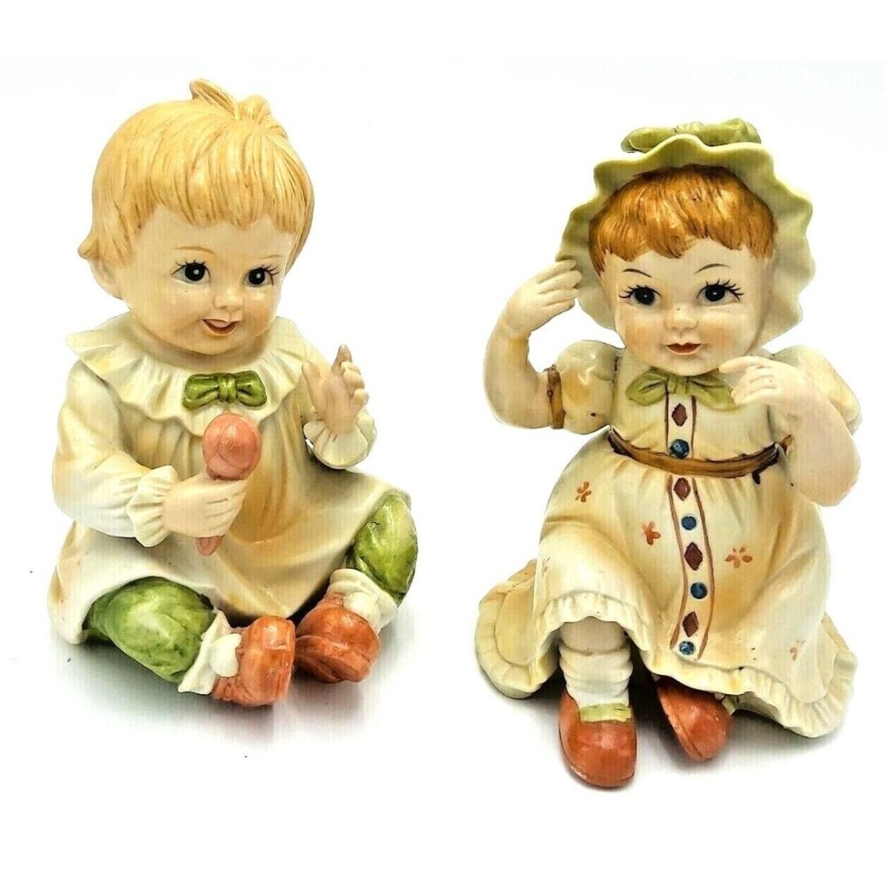 Lefton Porcelain Bisque Piano Babies Boy and Girl Pair Figurine 6.5 inch Kewpie